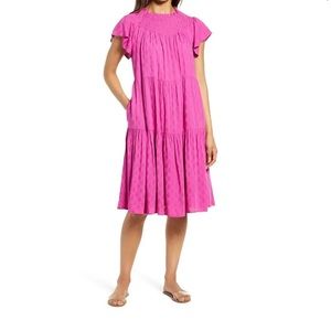 BTFL-LIFE Flutter Sleeve Tiered Jacquard Fuchsia Pink Dress